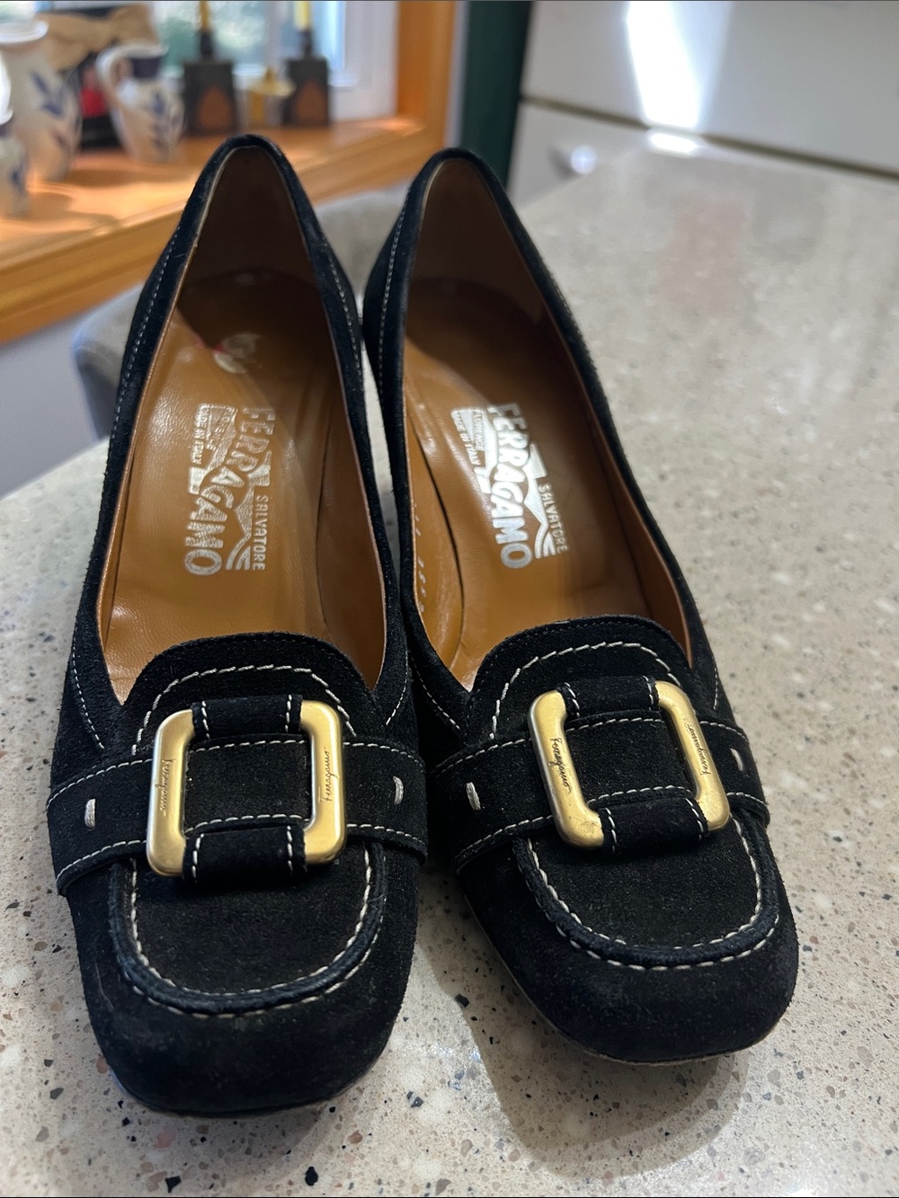 Salvatore Ferragamo Black Suede Loafers with Gold Buckle